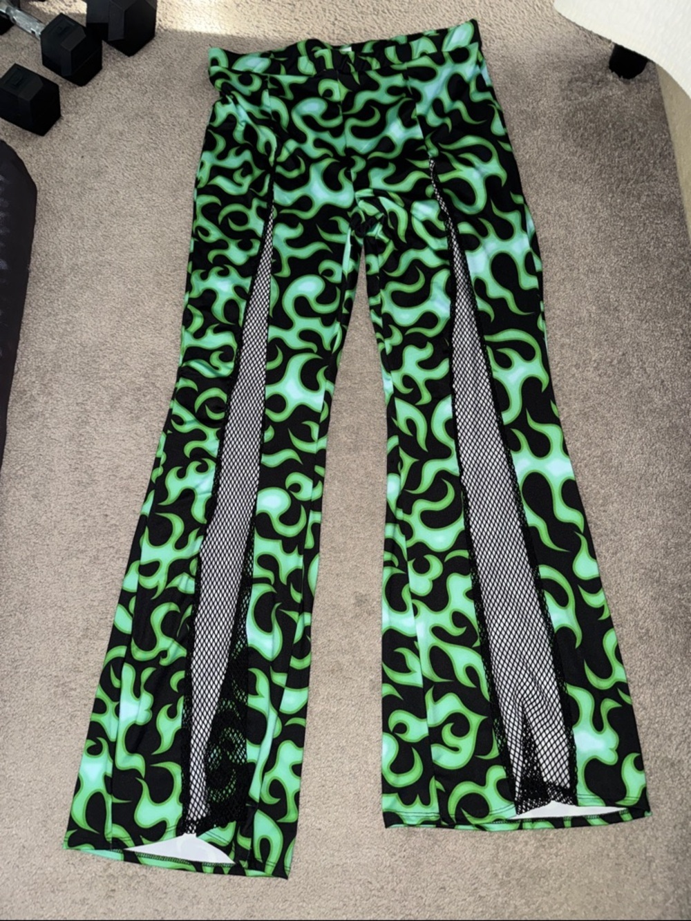 iHeartRaves Black & Neon Green Flame Mesh Panel Flare Pants